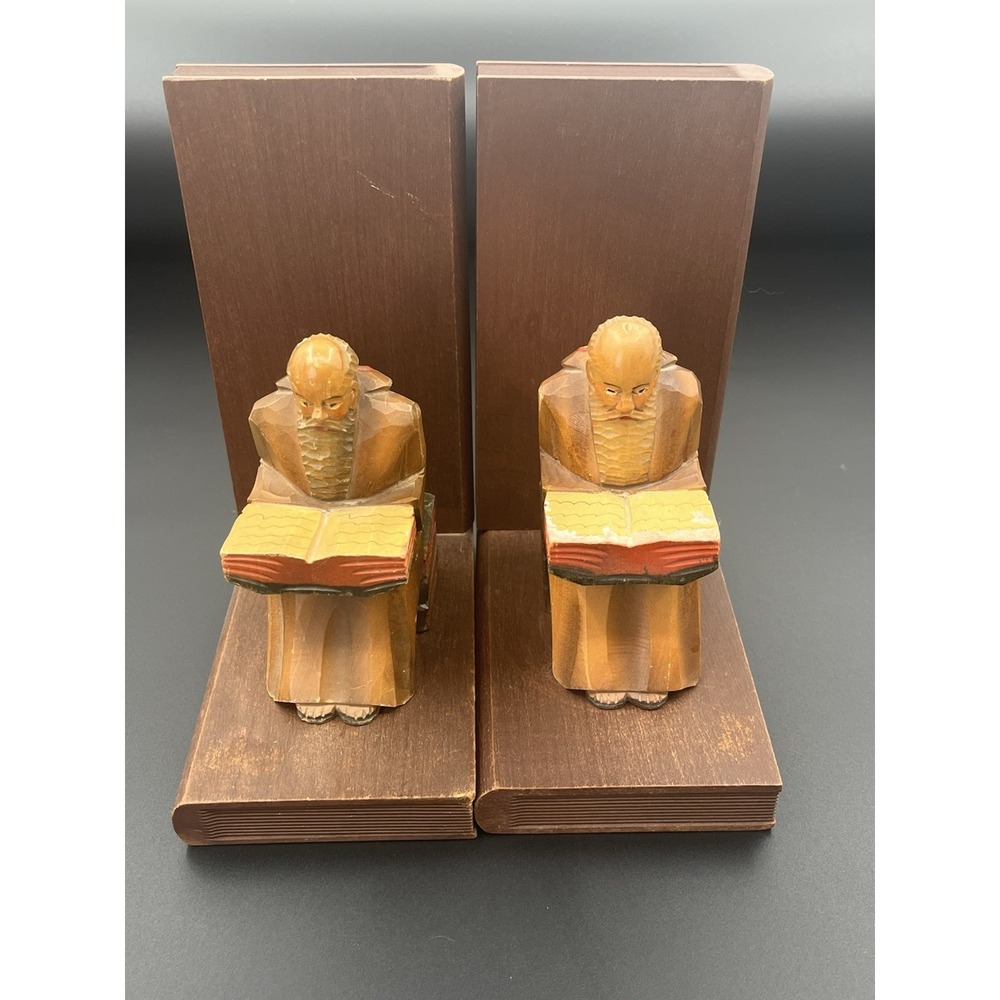 Vintage Hand Carved Wood Monk Bookends Religious Hand painted Figural Folk Art
